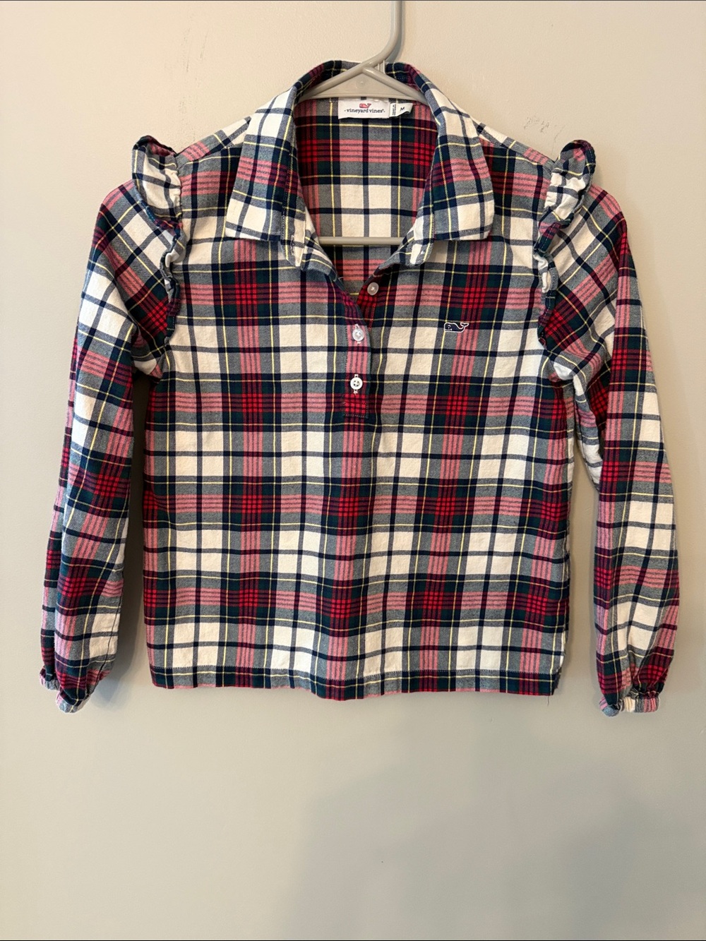 Vineyard Vines Girls' Red Navy White Plaid Ruffle Button-Front Top
